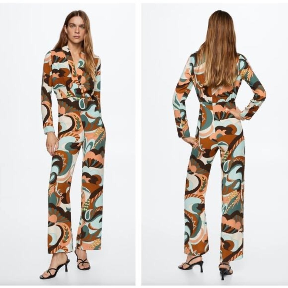Mango MNG Long Retro Print 70's Jumpsuit Mod V Neck‎ Wide Leg Size Large